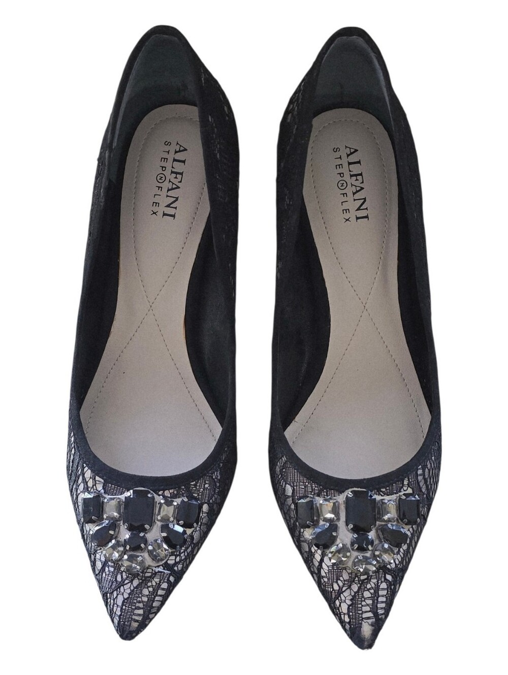 Like New Alfani Step Flex Black Lace Pointed Toe Flats w/Crystal Accents New 7.5